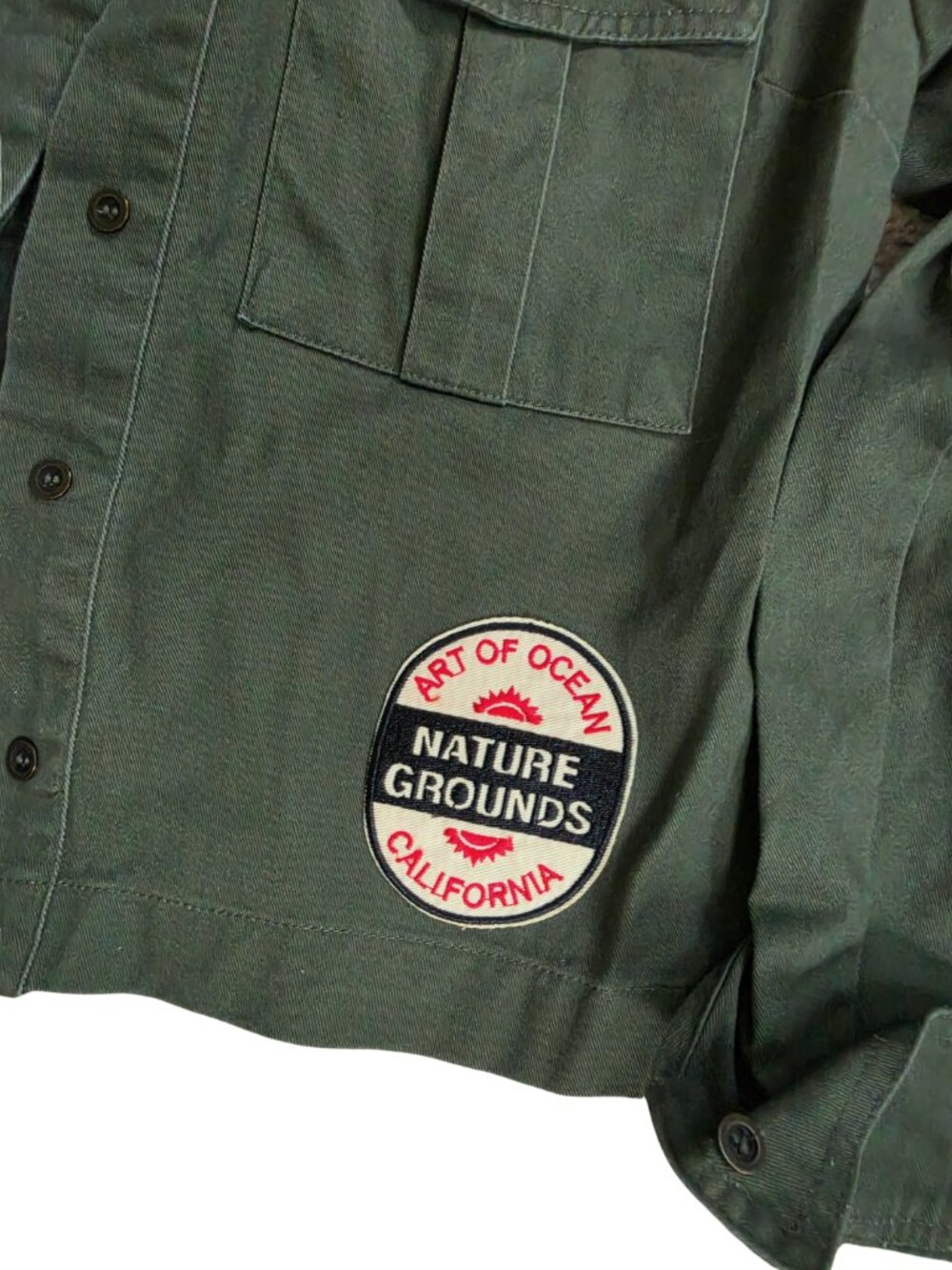 Forever 21 Olive Green Utility Field Short Jacket Embroidered Patches Army Small - Picture 5 of 7